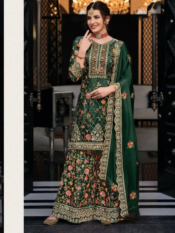 Heavy Georgette Party Wear Sarara in Green Color with  Embroidery Work