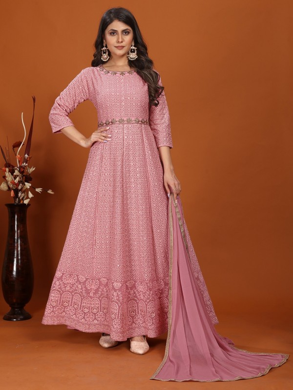 Faux Georgette Party Wear Gown In Pink Color with Embroidery Work