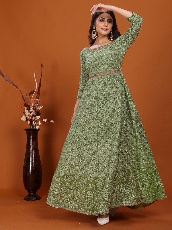 Faux Georgette Party Wear Gown In Light Green Color with Embroidery Work