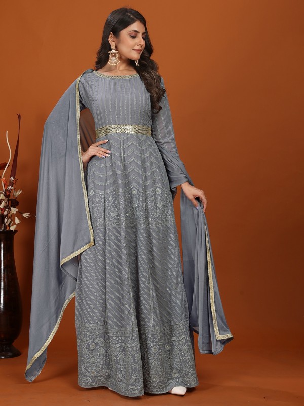 Faux Georgette Party Wear Gown In Grey Color with Embroidery Work