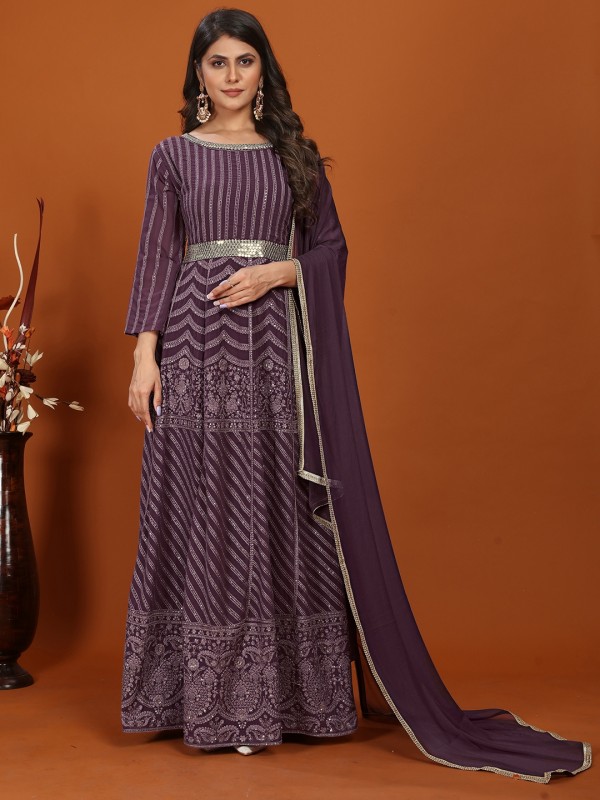 Faux Georgette Party Wear Gown In Wine Color with Embroidery Work
