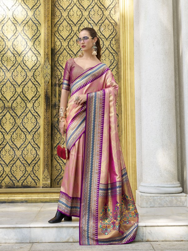 Tissue Silk Party wear Saree In Pink Color with Zari Weaving 