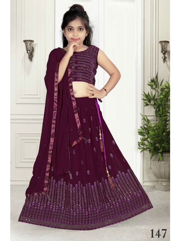 Georgette  Party Wear Kids Lehenga In Purple With Embroidery Work 