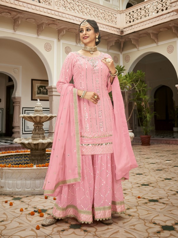 Heavy Georgette Party Wear Sarara in Pink Color with  Embroidery Work