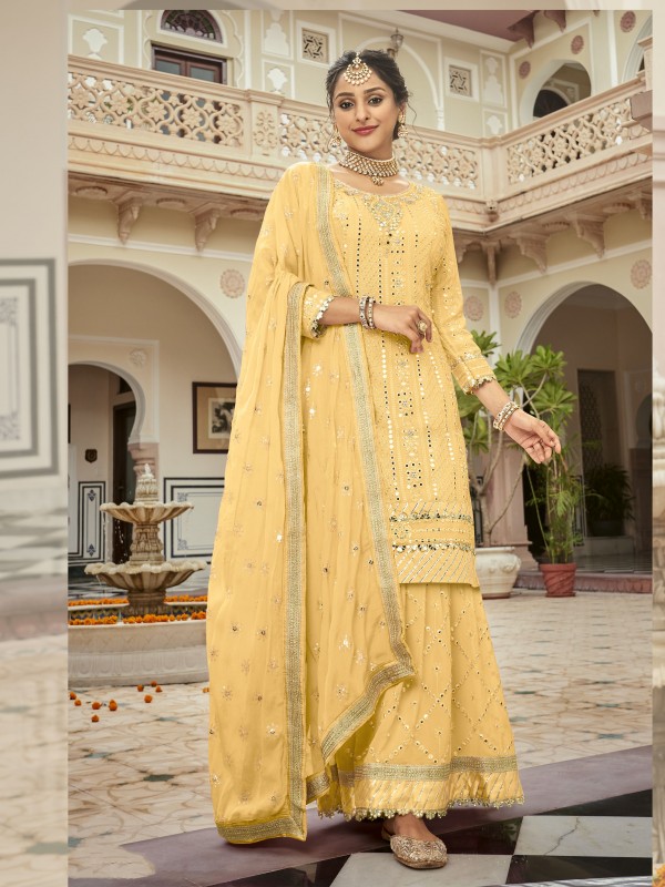 Heavy Georgette Party Wear Sarara in Yellow Color with  Embroidery Work