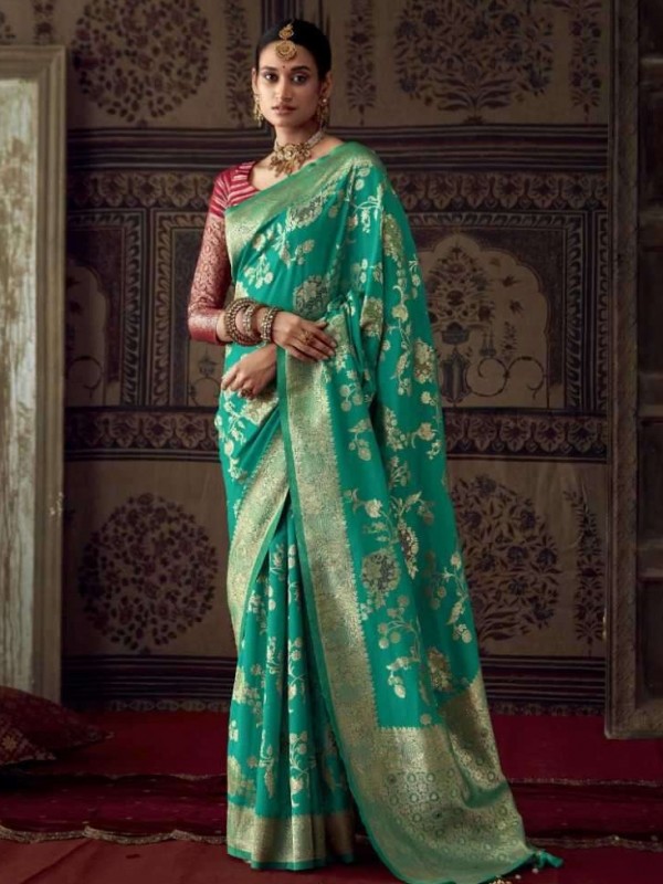 Pure Banarasi  Crepe Georgette Silk Saree In Turquoise Color With Weaving  Work