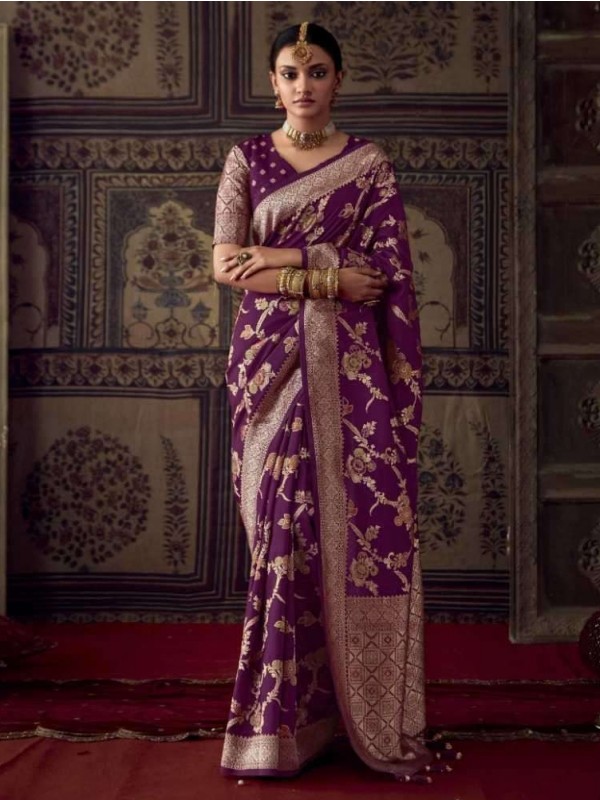 Pure Banarasi  Crepe Georgette Silk Saree In Wine Color With Weaving  Work