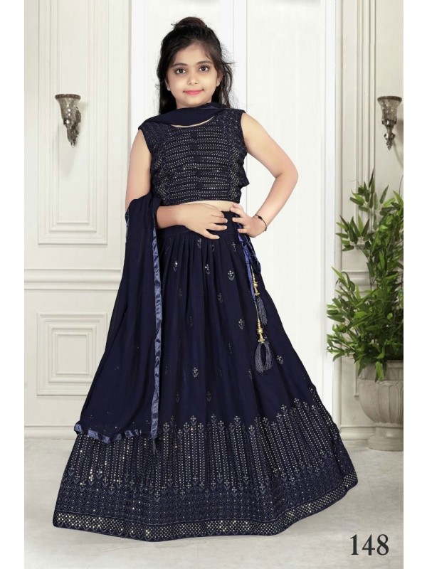 Georgette  Party Wear Kids Lehenga In Black With Embroidery Work 