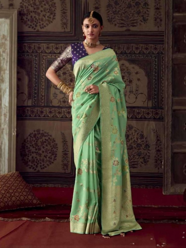 Pure Banarasi  Crepe Georgette Silk Saree In Sea Green Color With Weaving  Work