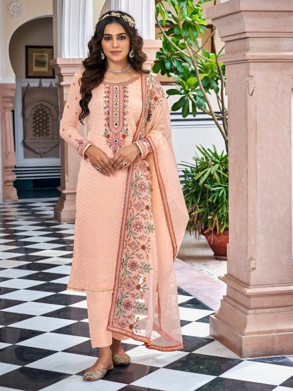 Real Georgette Party Wear Suit Peach Color with  Embroidery Work