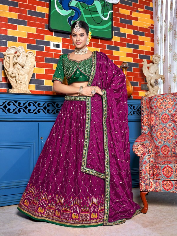Chinon Silk  Party Wear Lehenga In Purple Color With Embroidery Work
