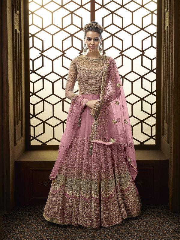 Soft Butter Net Wedding Wear Readymade Gown In Light Pink With Swarovski Work