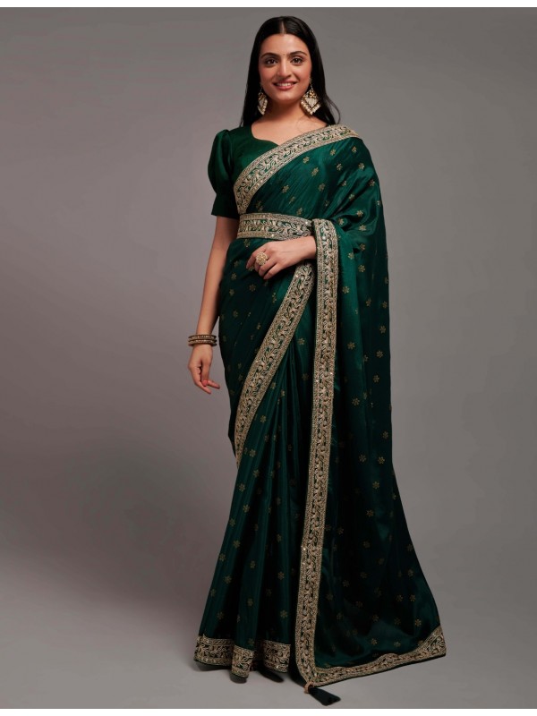 Chinon Silk Party wear Saree Green Color With Embroidery Work