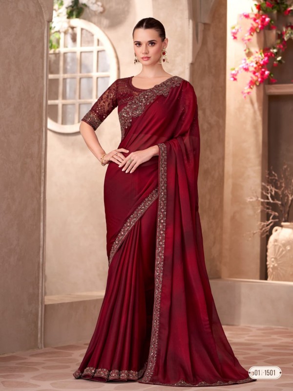 Chiffon silk Party wear Saree Red Color With Embroidery Work