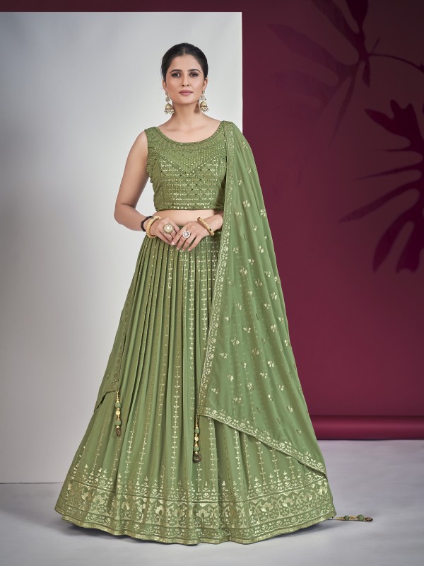 Georgette  Fabrics Party Wear Lehenga in Green Color With Embroidery Work 