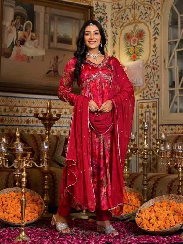 Pure Chinon Silk Suit In Pink Color with Hand work