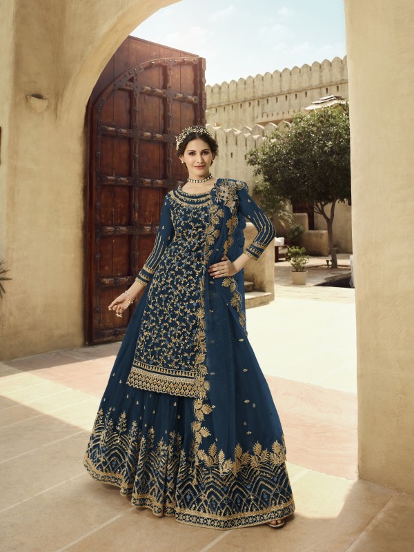 Soft Premium Net  Readymade Sharara in Teal Blue color with  Embroidery & Stone work 
