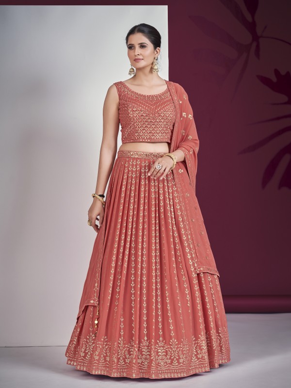 Georgette  Fabrics Party Wear Lehenga in Brick Color With Embroidery Work 