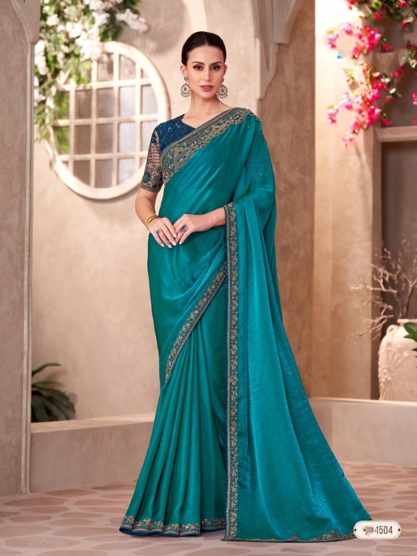 Chiffon silk Party wear Saree Teal Color With Embroidery Work