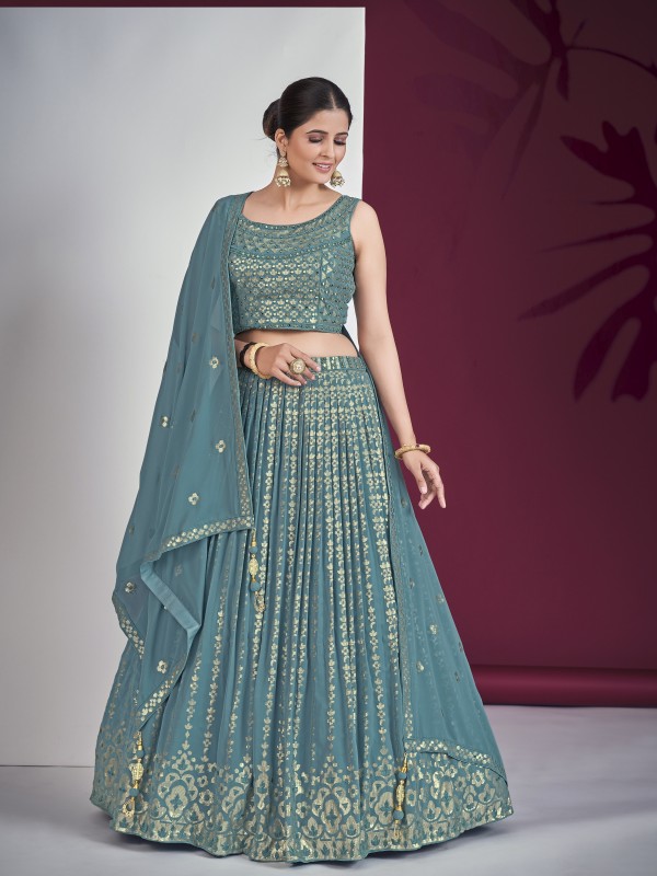 Georgette  Fabrics Party Wear Lehenga in Teal Blue Color With Embroidery Work 