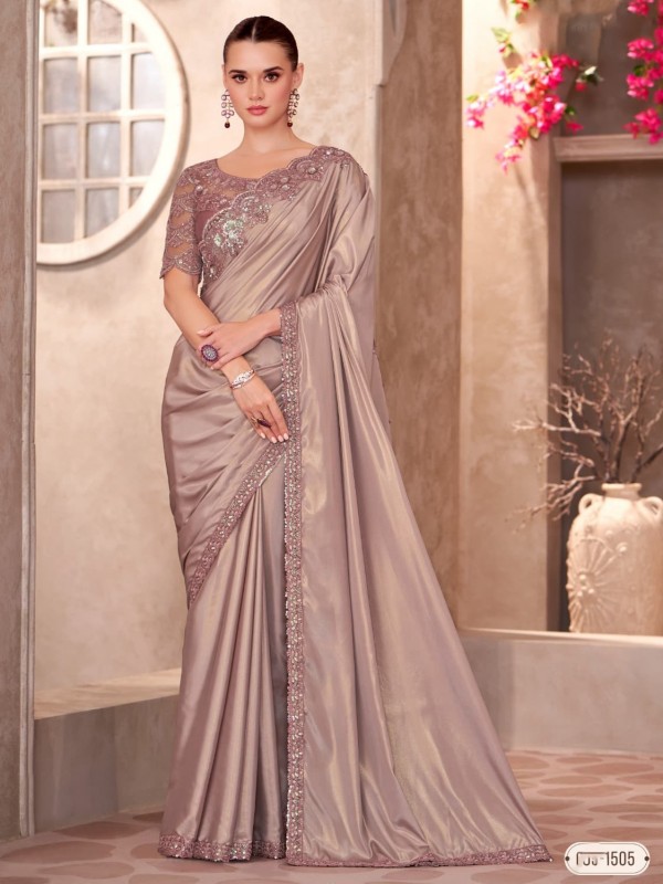 Simmer silk Party wear Saree Beige Color With Embroidery Work