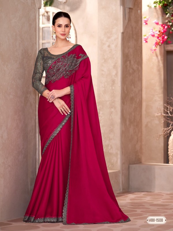 Chiffon silk Party wear Saree Red Color With Embroidery Work