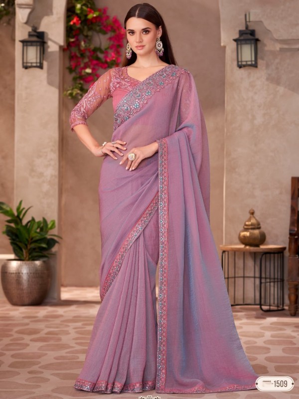 Georgette silk Party wear Saree Lalic Color With Embroidery Work