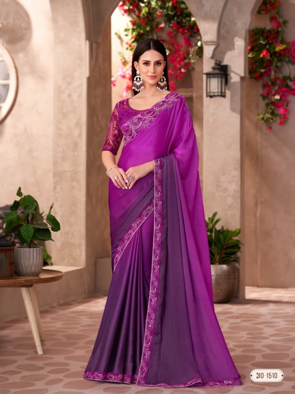 Chiffon silk Party wear Saree Purple Color With Embroidery Work