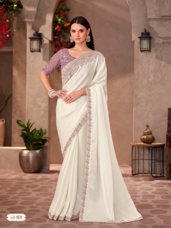 Georgette silk Party wear Saree Off White Color With Embroidery Work