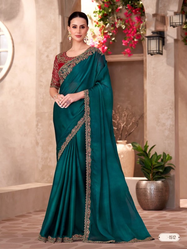 Chiffon silk Party wear Saree Teal Color With Embroidery Work