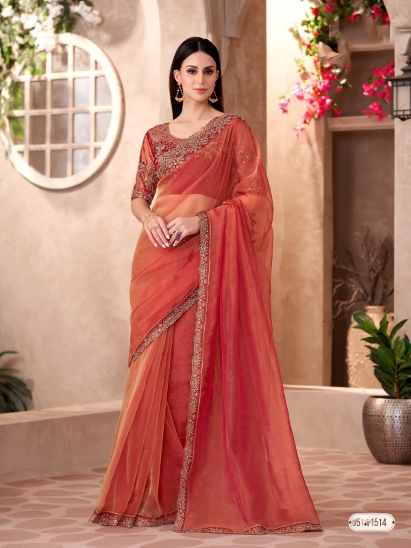 Tissue silk Party wear Saree Orange Color With Embroidery Work