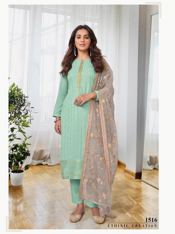 Georgette  Fabrics Party Wear Suit In Turquoise Color With Embroidery Work