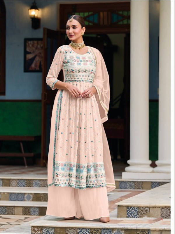 Real  Georgette Party Wear Plazzo Peach Color with  Embroidery Work
