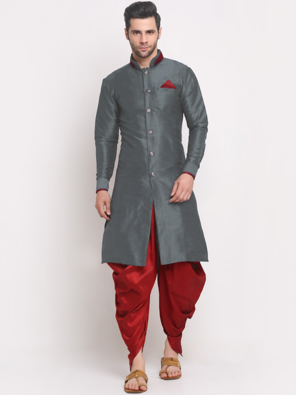 Heritge Silk Readymade Dhoti Kurta in Grey & Maroon 