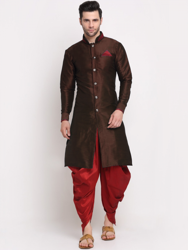 Heritge Silk Readymade Dhoti Kurta in Brown & Maroon