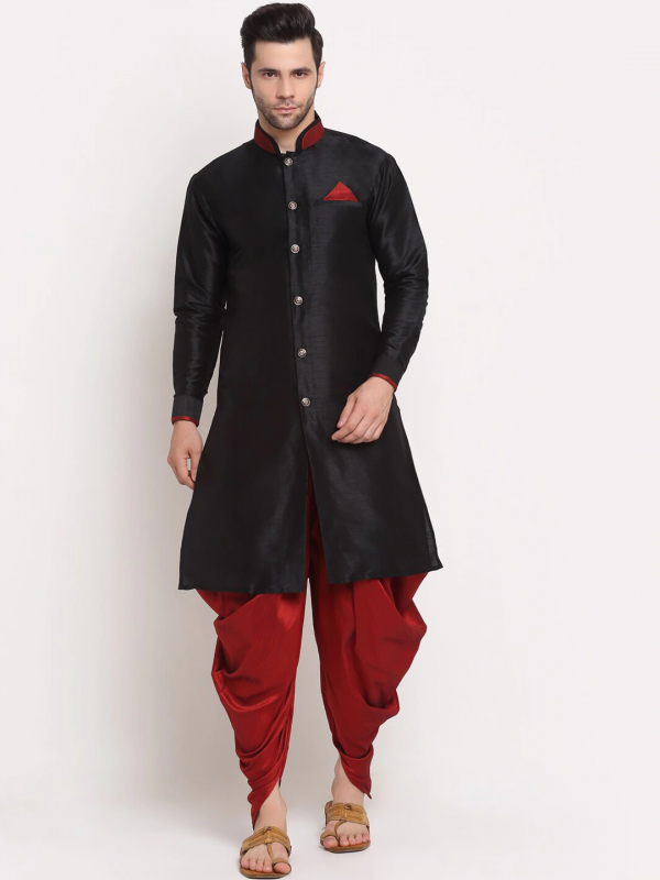 Heritge Silk Readymade Dhoti Kurta in Black & Maroon