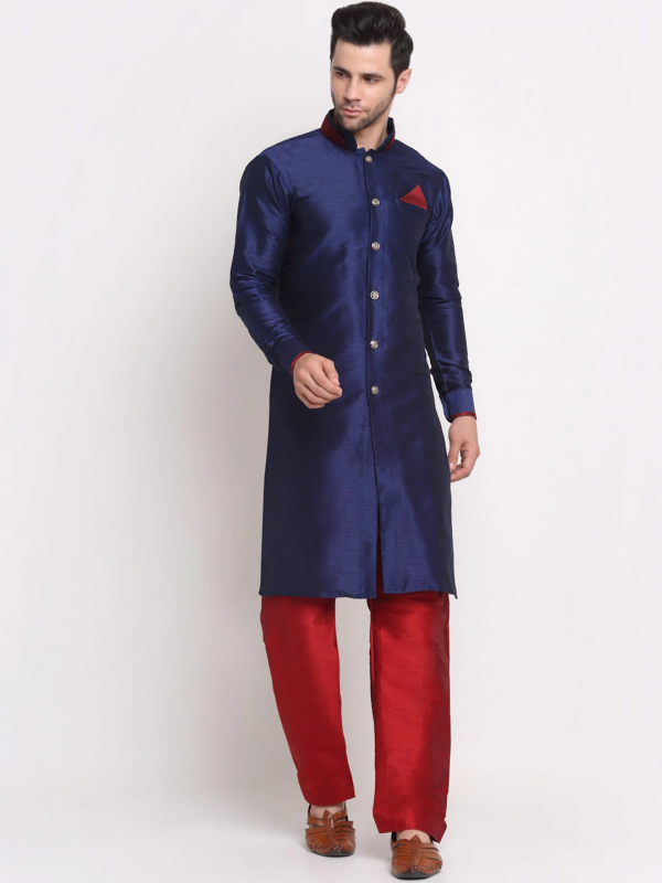 Heritge Silk Readymade Kurta in Navy Blue & Maroon
