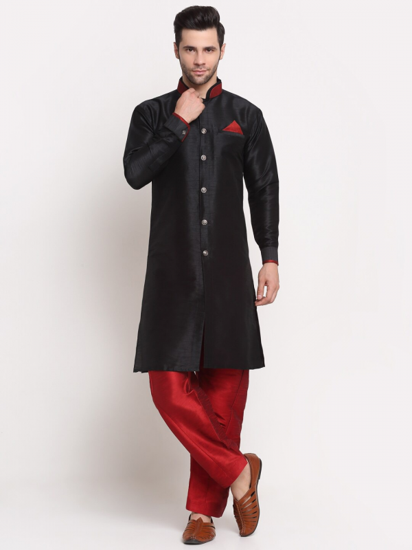Heritge Silk Readymade Kurta in Black & Maroon