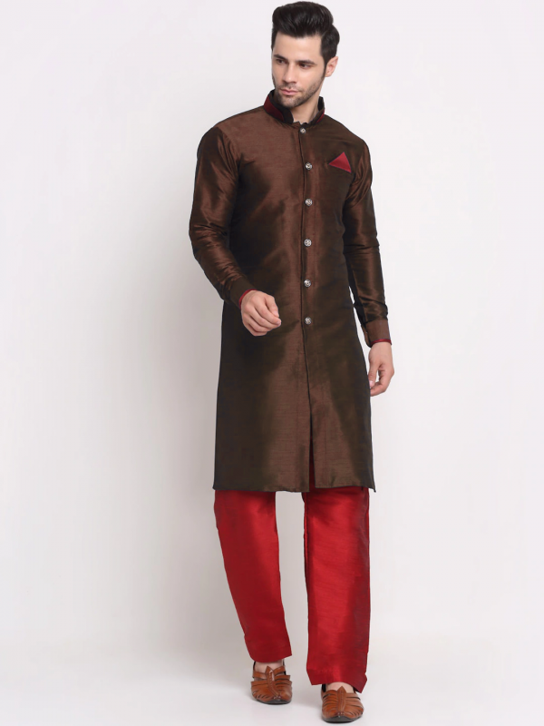 Heritge Silk Readymade Kurta in Brown & Maroon