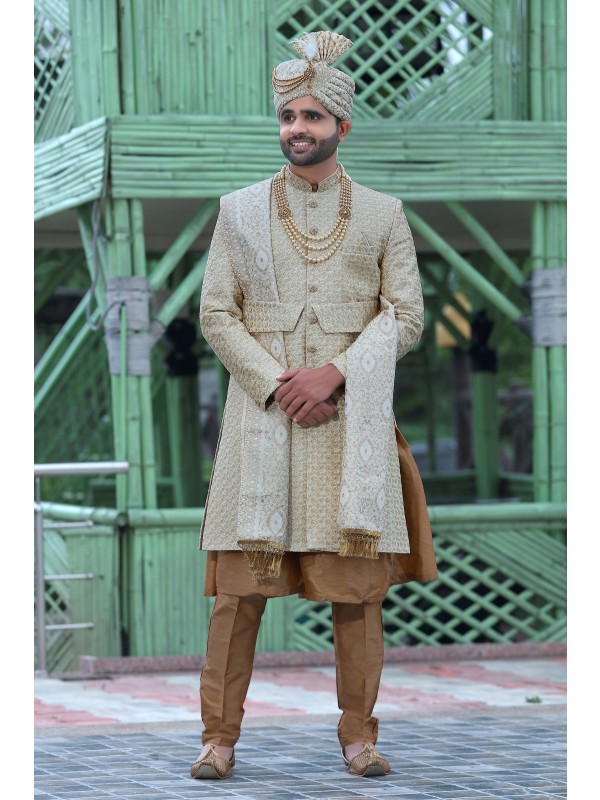 Soft Silk fabric with Embroidery Work  Wedding Wear Sherwani set in Beige