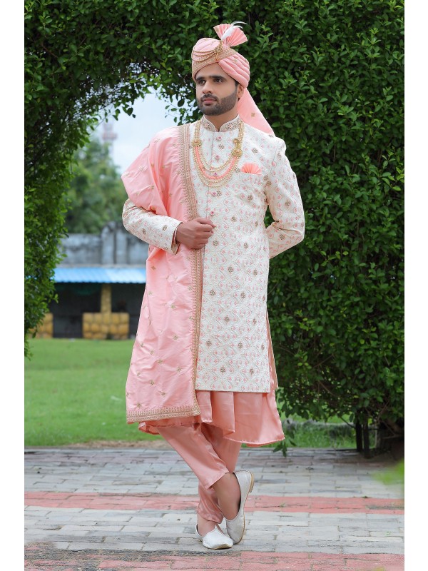 Soft Silk fabric with Embroidery Work  Wedding Wear Sherwani set in White & Pink