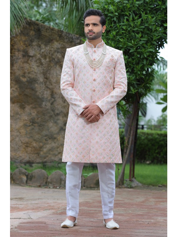 Soft Silk fabric with Embroidery Work  Wedding Wear Sherwani set in Pink