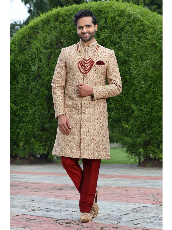 Soft Silk fabric with Embroidery Work  Wedding Wear Sherwani set in Beige & Red