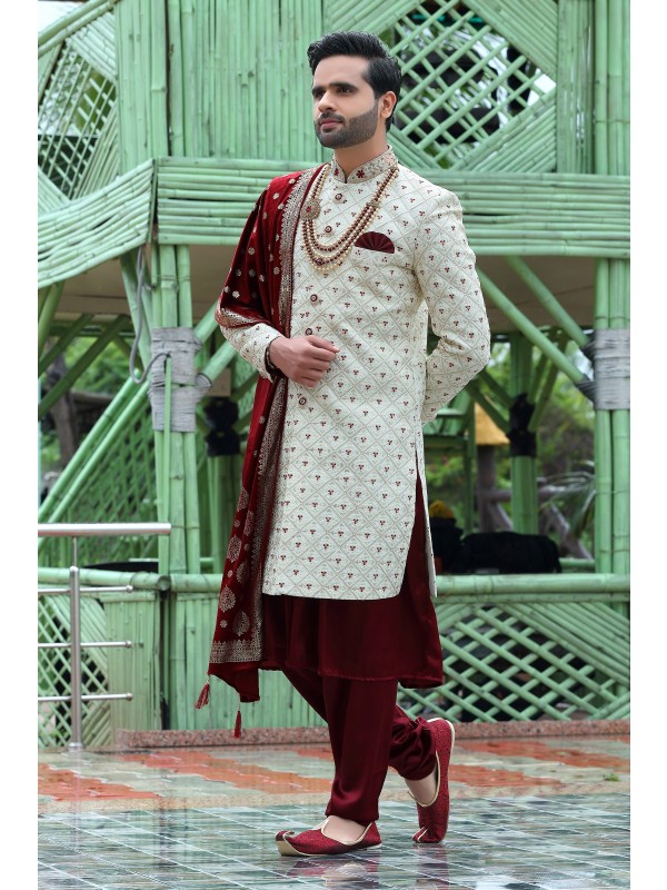 Soft Silk fabric with Embroidery Work  Wedding Wear Sherwani set in White & Red