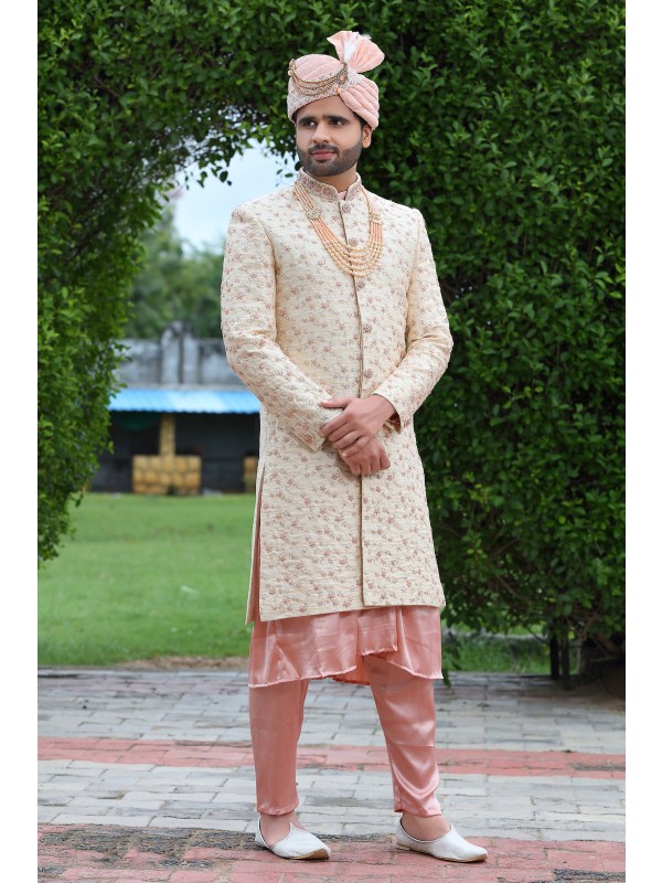Soft Silk fabric with Embroidery Work  Wedding Wear Sherwani set in White & Pink