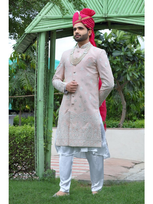 Soft Silk fabric with Embroidery Work  Wedding Wear Sherwani set in Pink