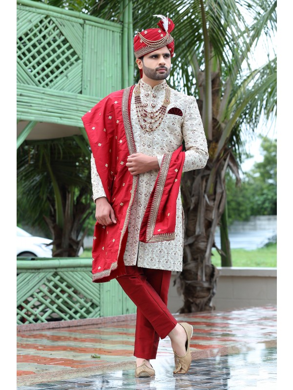 Soft Silk fabric with Embroidery Work  Wedding Wear Sherwani set in White & Red