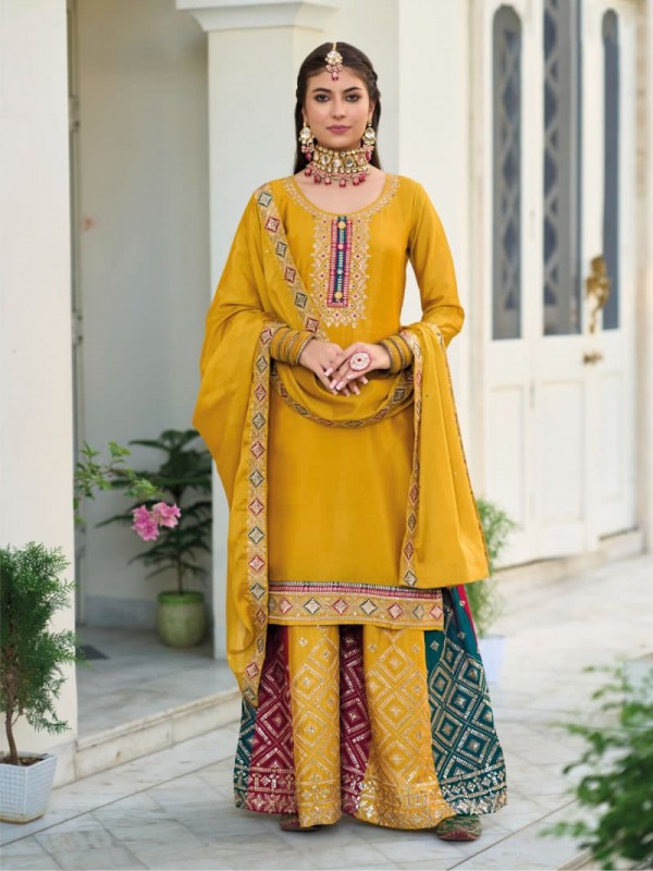 Pure Chinon  Party Wear Sharara In Yellow With Embroidery Work 