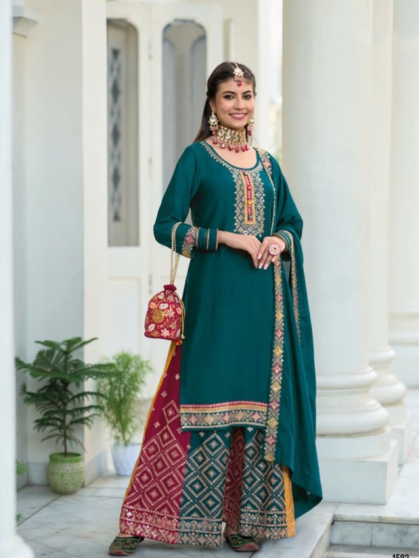 Pure Chinon  Party Wear Sharara In Tea Blue With Embroidery Work 