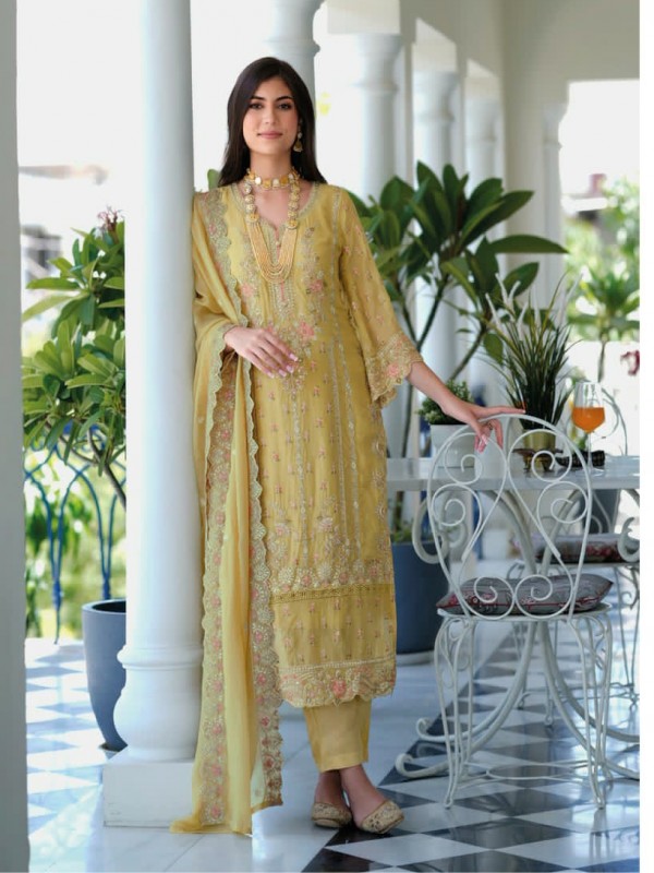 Organza Silk Party Wear  Suit  in Yellow Color with  Embroidery Work